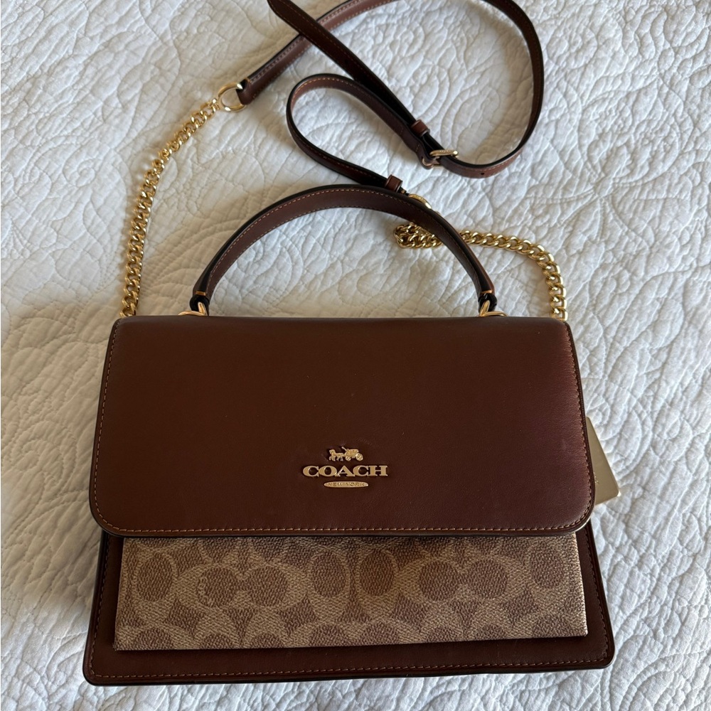 Coach Brown Signature Canvas and Leather Satchel with Gold Chain